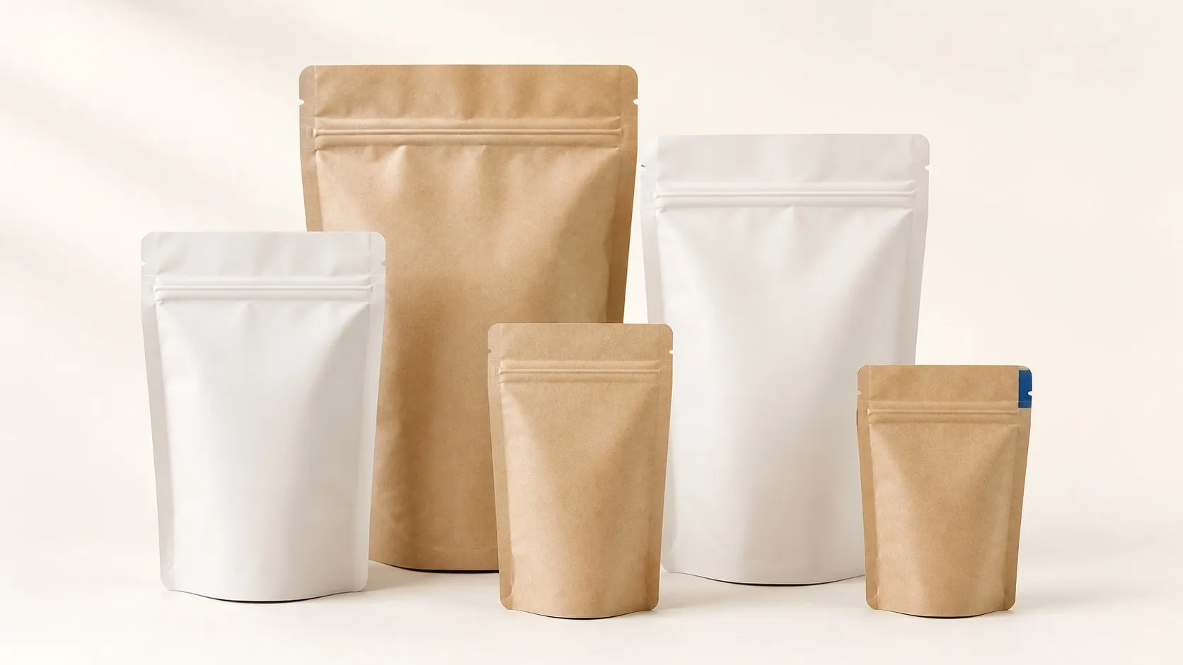 Stand-up pouches in several sizes, each with a reclosable zipper strip